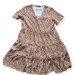 BTFBM Short Sleeve Pink Leopard Print V neck Babydoll Shift Dress